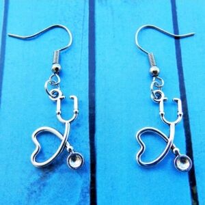 Stethoscope Heart‎ Womens Nursing Medical Field Doctor Silver Dangle Earrings
